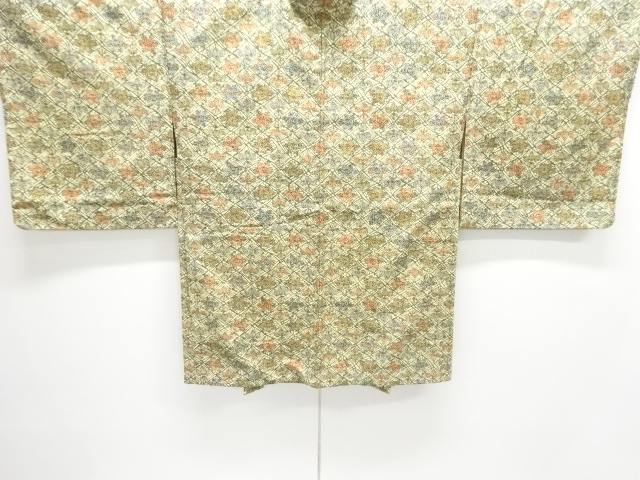 型染　斜め格子に花模様手織り紬羽織