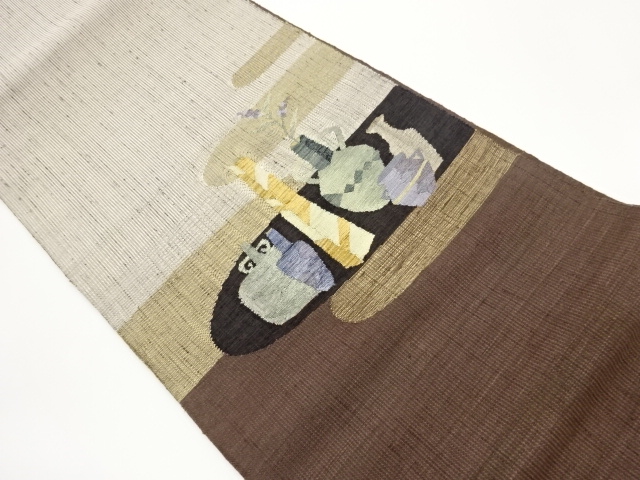 手織り紬花瓶模様織出し袋帯
