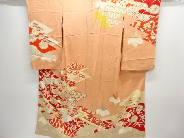 アンティーク　錦紗草花模様刺繍着物