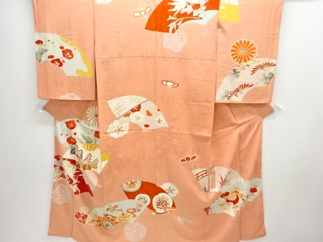 アンティーク　紋錦紗地紙に草花模様刺繍単衣着物
