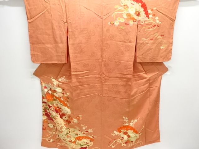 アンティーク　紋錦紗　檜扇に草花模様刺繍一つ紋着物