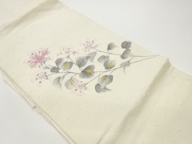 作家物　ひげ紬金彩手描き草花模様名古屋帯