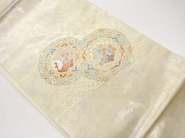 引箔華文に抽象孔雀模様織出し名古屋帯