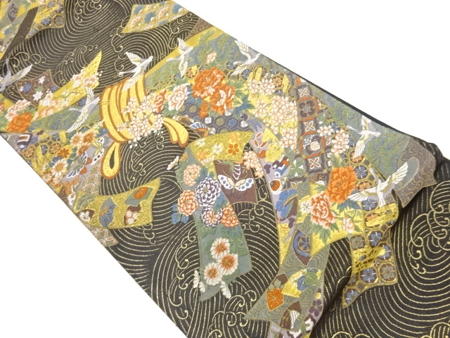 束ね熨斗に草花・群鶴・蝶模様織出し袋帯