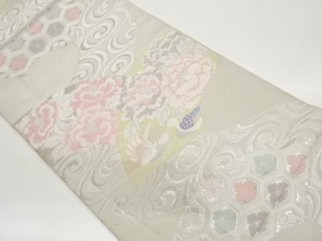 服部織物製　流水に地紙・牡丹・鴛鴦模様織出し袋帯