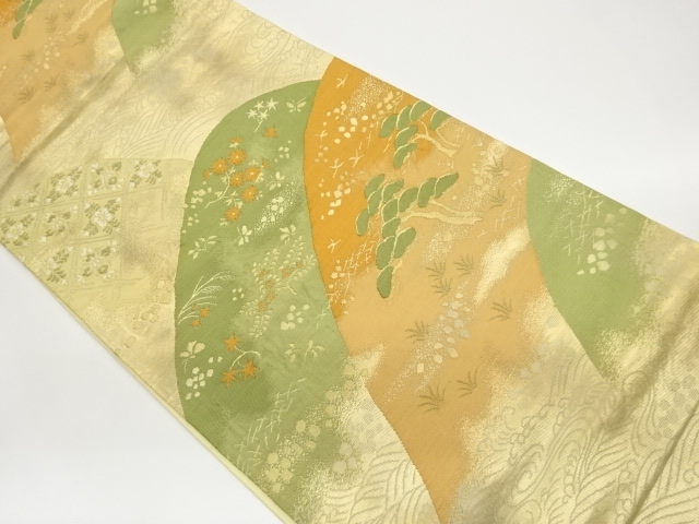 山に草花・抽象松模様織出し袋帯