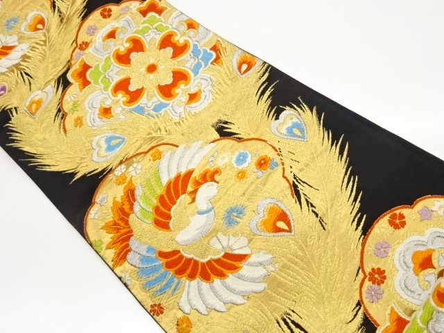 孔雀羽根に鳥・華文模様織出し袋帯