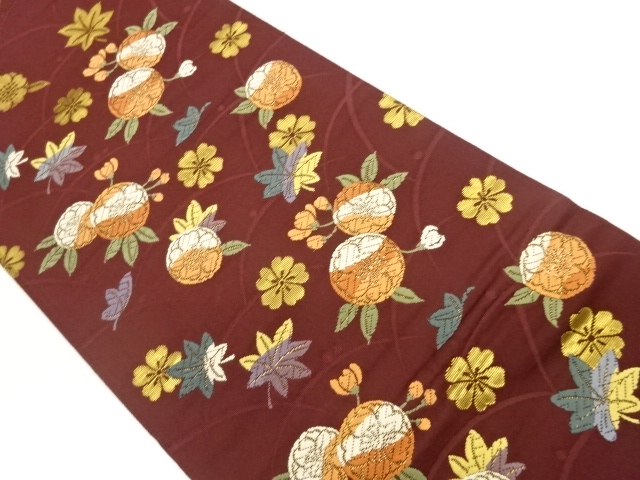 露芝に桜・紅葉模様織出し袋帯