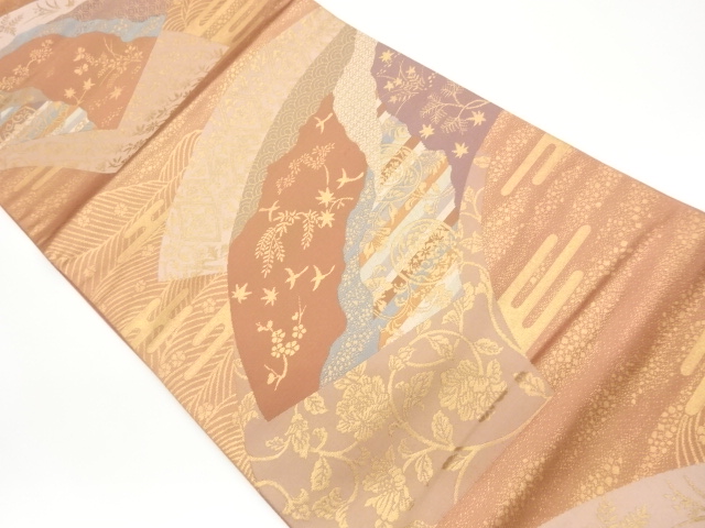 地紙に草花・ヱ霞模様織出し袋帯