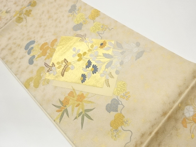 色紙に秋草・蔦模様織出し袋帯