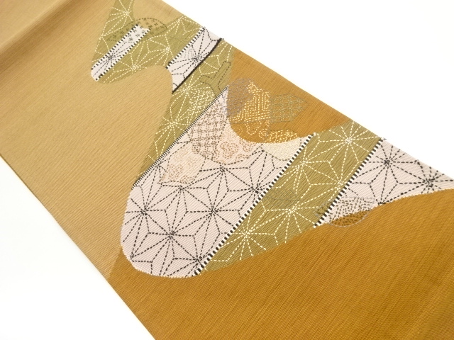 刺し子曲線に麻の葉・古典柄模様袋帯