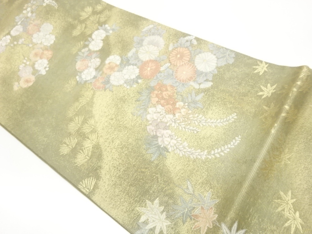  紗 松に花々模様織出し袋帯