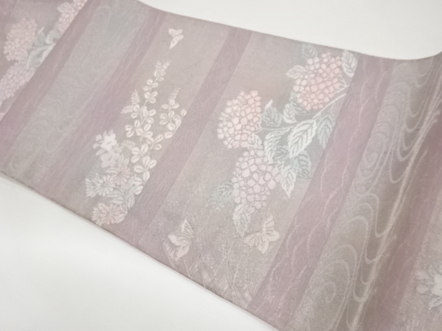  紗 横段に蝶・花々模様織出し袋帯