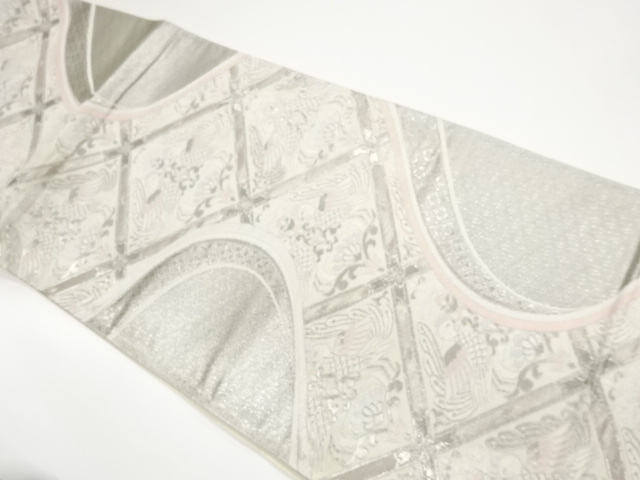 プラチナ箔襷に向かい鳥・花模様織出し袋帯