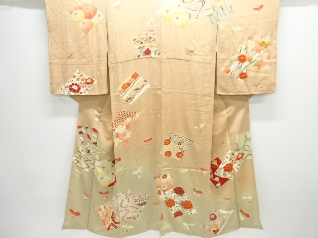 アンティーク　錦紗色紙に花模様一つ紋着物