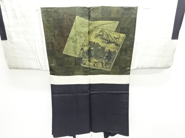 JAPANESE KIMONO / ANTIQUE MENS HAORI / SILK / SCENERY (lining)