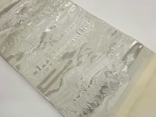 九百錦プラチナ箔寺社仏閣に木々・山並風景模様織出し名古屋帯