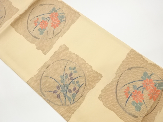 色紙に菊・萩・丸文模様織出し袋帯