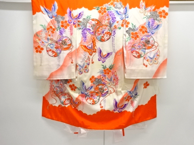 Antique Kimono with Butterfly Design on Drums (with Inner Sleeves and Long Linge