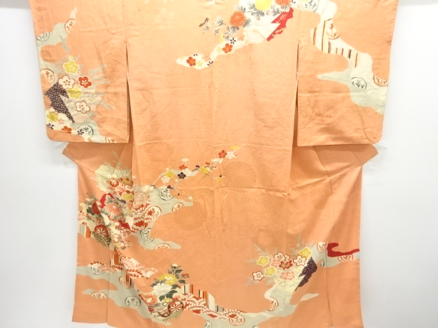 アンティーク　紋錦紗　花車模様刺繍一つ紋着物