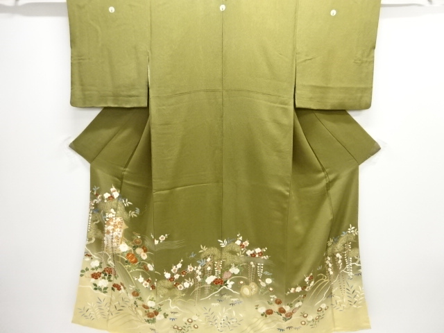 SALE!! JAPANESE KIMONO / IRO-TOMESODE / EMBROIDERY / CHIRIMEN / FLORAL PLANTS