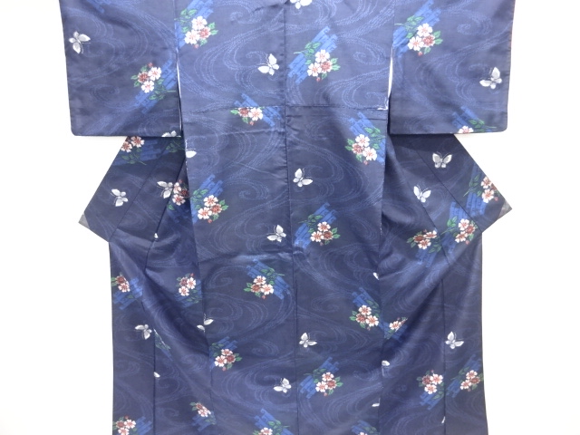 JAPANESE KIMONO / TSUMUGI / WOVEN FLOWER RAFT & BUTTERFLY