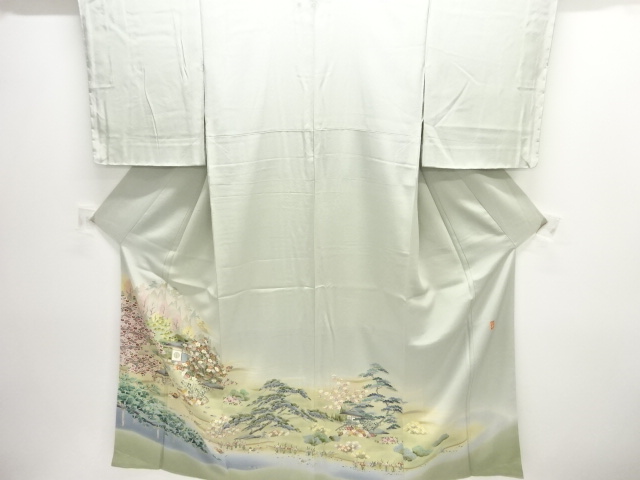 未使用品　作家物　手描き友禅庭園に鴛鴦・草花模様一ツ紋色留袖