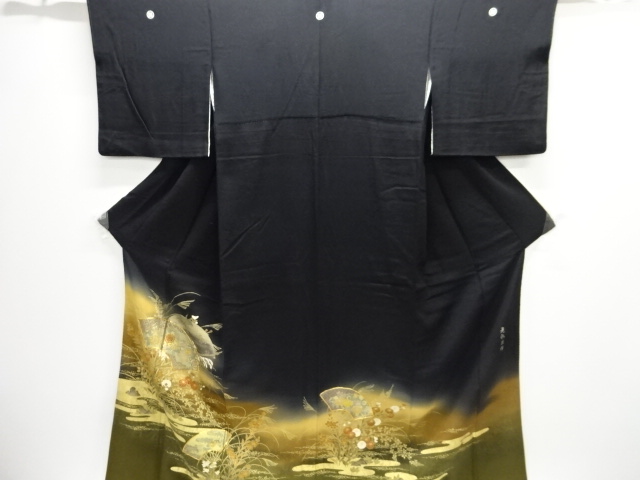 SALE!! JAPANESE KIMONO / AUTUMN GRASS PATTERN EMBROIDERY GOLD-COLORED GROUND