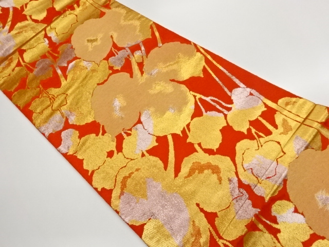 JAPANESE KIMONO / FUKURO OBI / AMBER NISHIKI GRASS-LEAF PATTERN WOVEN 