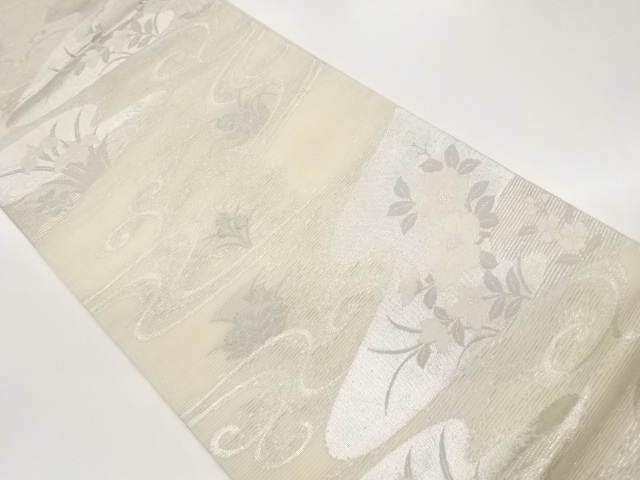 絽紙布水辺に草花模様織出し袋帯