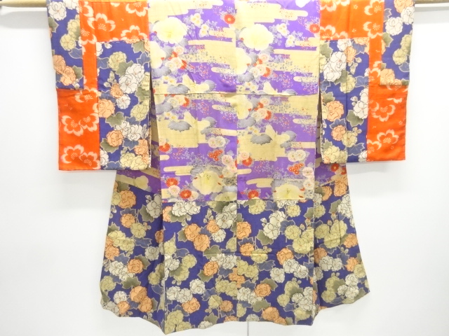 アンティーク　江戸縮緬菊に芙蓉模様長襦袢