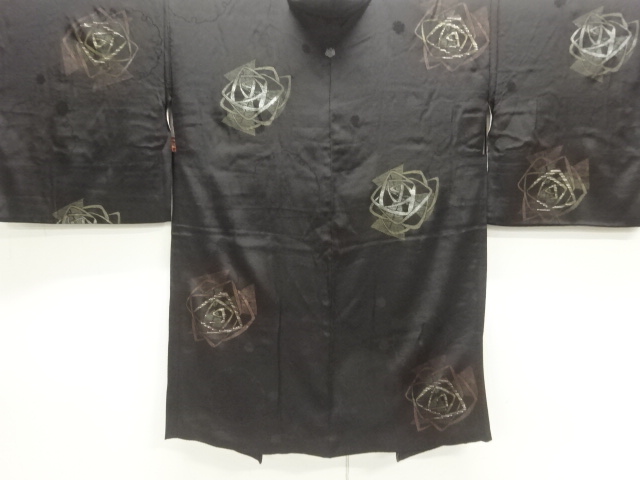 JAPANESE KIMONO / ANTIQUE TAISHO-ROMAN LACQUER-ROSE PATTERN WOVEN PATT