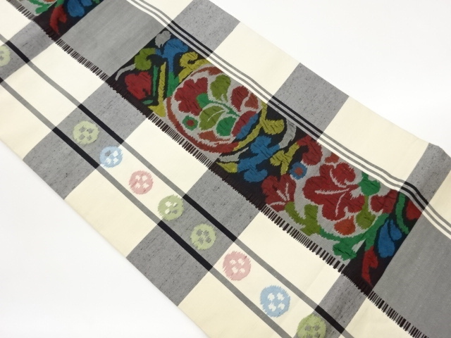 JAPANESE KIMONO / TSUMUGI CHECKERED PATTERN / ABSTRACT FLORAL MOTIFS W