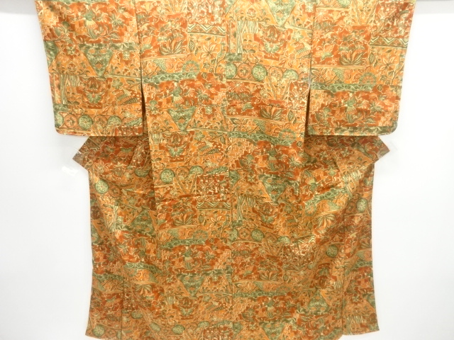 未使用品　異国人物に鹿・唐花模様小紋着物