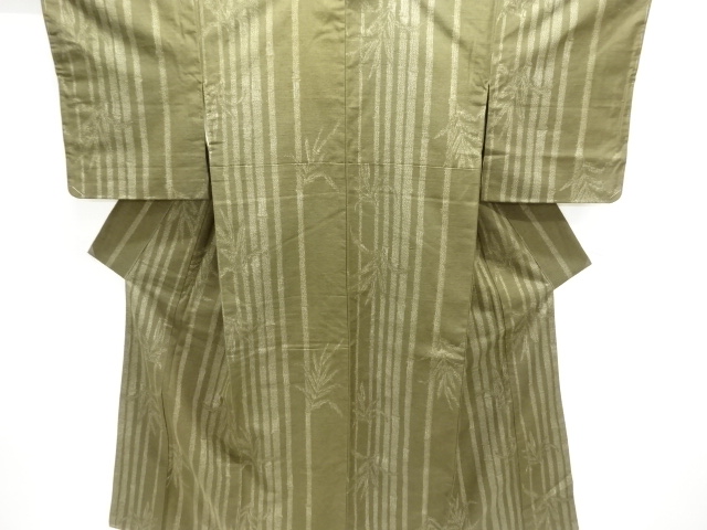 JAPANESE KIMONO / ANTIQUE BAMBOO LEAF PATTERN WOVEN TSUMUGI KIMONO