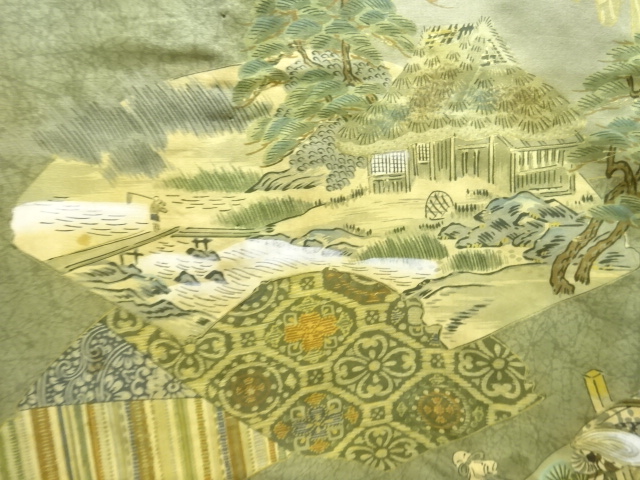 JAPANESE KIMONO / ANTIQUE MENS JUBAN / RURAL LANDSCAPE PATTERN BASE FA