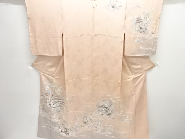 JAPANESE KIMONO / UNUSED HOMONGI / YUZEN / TEMPLE SCENERY 