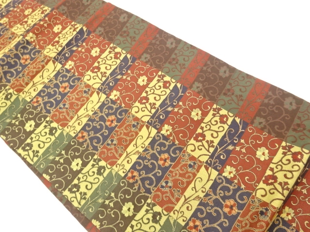 JAPANESE KIMONO / NAGOYA OBI / WOVEN ICHIMATSU PATTERN & FLOWER 