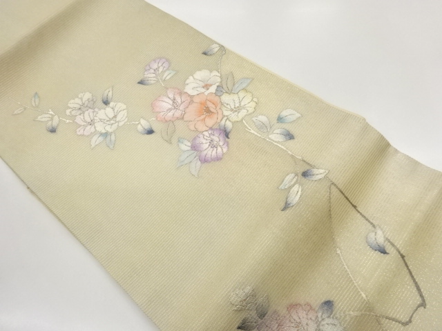 JAPANESE KIMONO / NAGOYA OBI FOR SUMMER / GINSAI / EMBROIDERY / FLOWER 