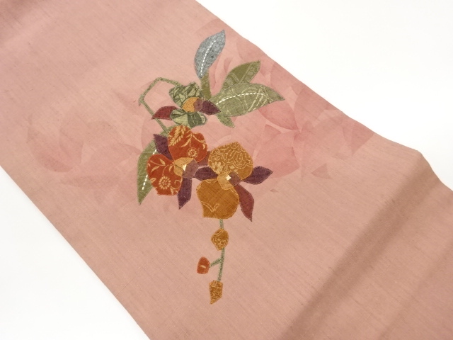 JAPANESE KIMONO / TSUMUGI PATCHWORK FLOWER / LEAF PATTERN NAGOYA OBI