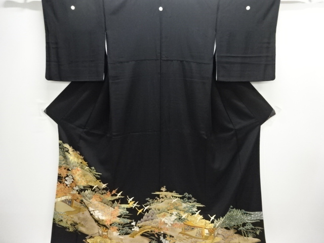 JAPANESE KIMONO / TOMESODE / EMBROIDERY / CRANE & HOUSE SCENERY 