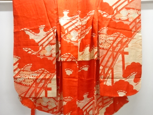 JAPANESE KIMONO / ANTIQUE KIMONO / SILK / MON KINSHA / BRIDGE & FLOWER