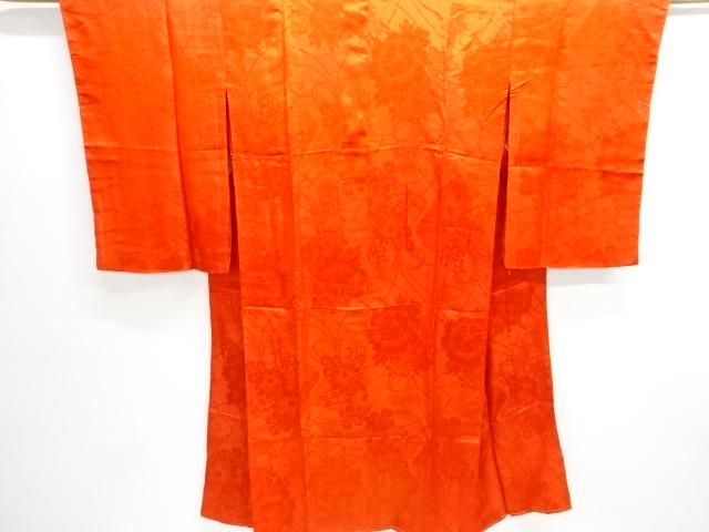 JAPANESE KIMONO / ANTIQUE JUBAN / SILK / RINZU / WOVEN FOLDING FAN & FLORAL PLANTS