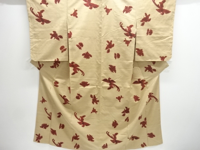 JAPANESE KIMONO / ANTIQUE KIMONO / SILK / TSUMUGI / WOVEN PHOENIX & FLOWERS