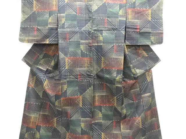 JAPANESE KIMONO / UNUSED TOKAMACHI TSUMUGI / WOVEN GEOMETRIC PATTERN 