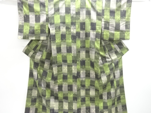 JAPANESE KIMONO / ANTIQUE CHECKERED KASURI-PATTERNED TSUMUGI KIMONO