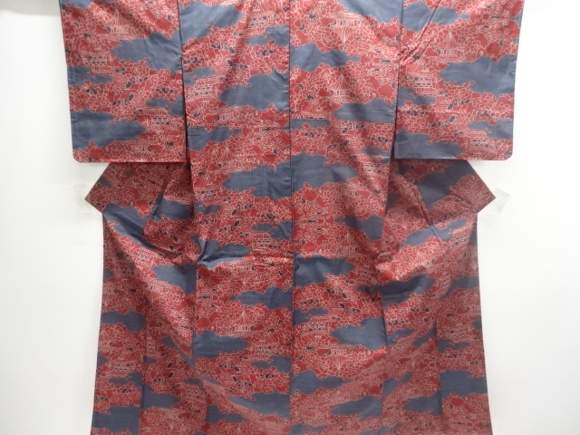 JAPANESE KIMONO / DORO OSHIMA TSUMUGI (5 maruki) / WOVEN TEMPLE SCENERY 