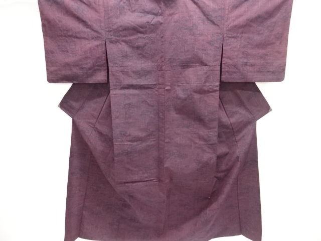 JAPANESE KIMONO / ANTIQUE HITOE TSUMUGI / WOVEN ARABESQUE FLOWER 