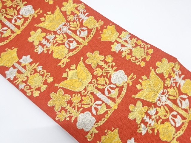 アンティーク　花更紗模様織り出し名古屋帯（着用可）