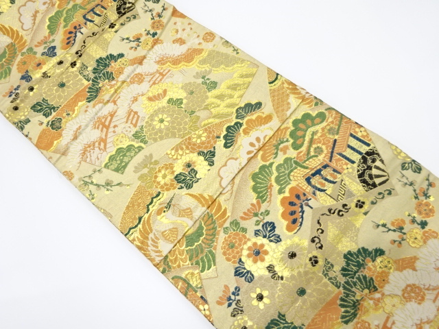 宗sou 地紙に枝梅・菊模様織出し袋帯【リサイクル】【着】 （花鳥模様 